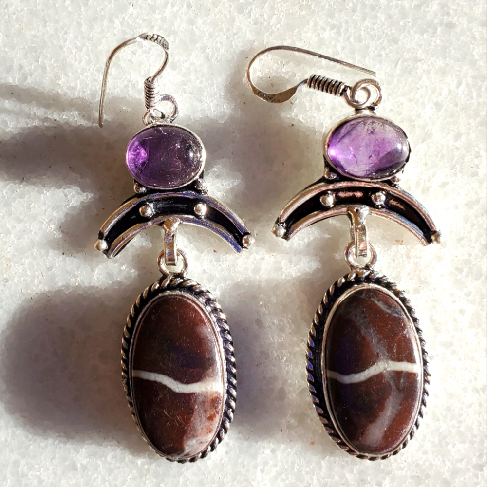 New Amethyst & Cobra Jasper 925 Silver Earrings.